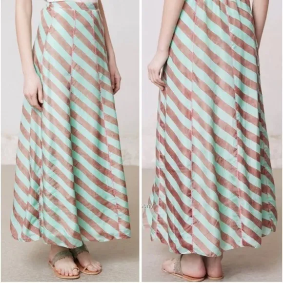 100% SILK ANTHROPOLOGIE Mint &amp; Brown Flowy Striped Full Circle Maxi Skirt Sz:S