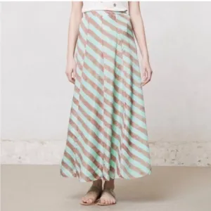 100% SILK ANTHROPOLOGIE Mint &amp; Brown Flowy Striped Full Circle Maxi Skirt Sz:S