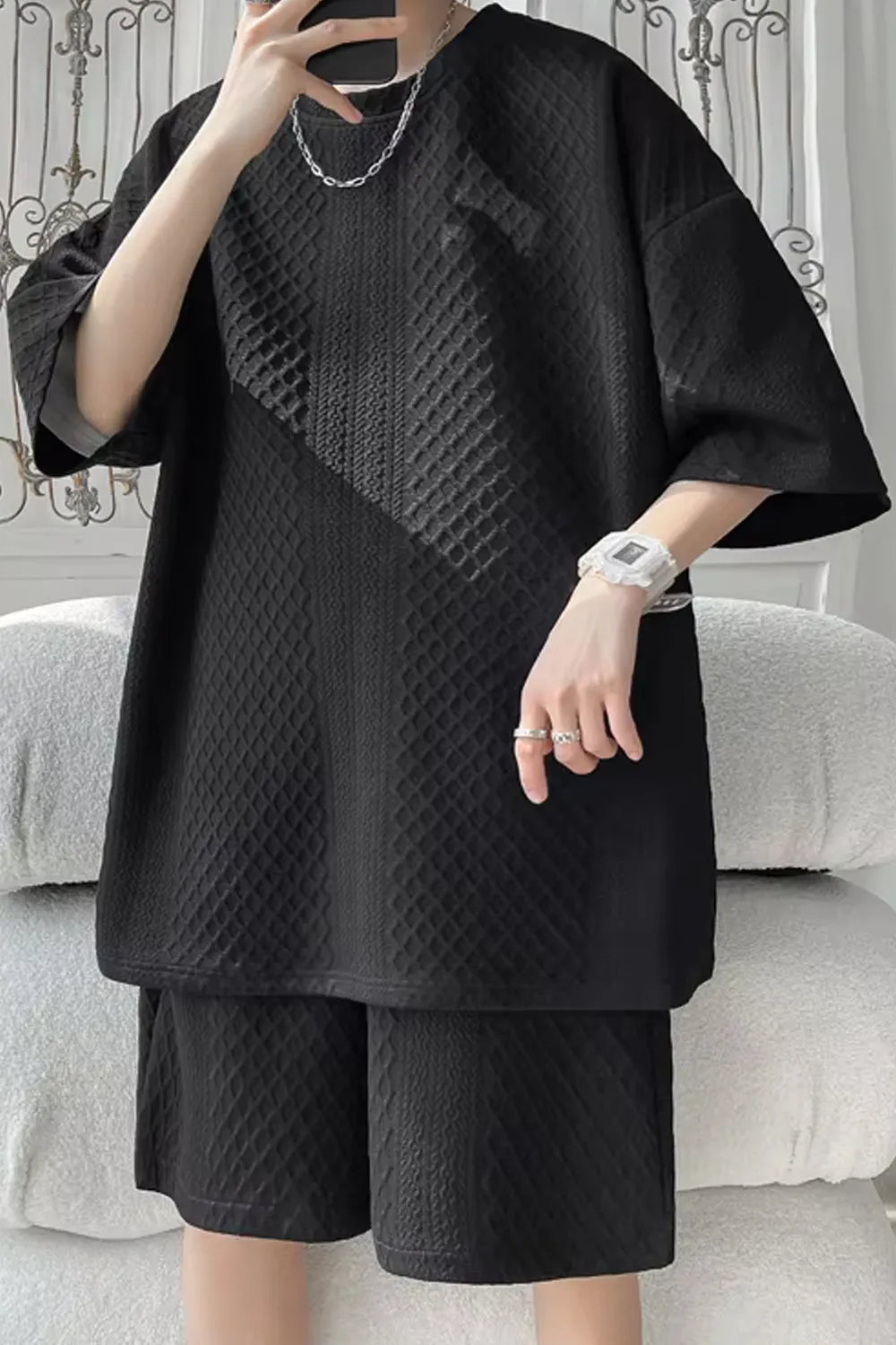 2 Piece Set Casual Loose Men Shirts With Shorts