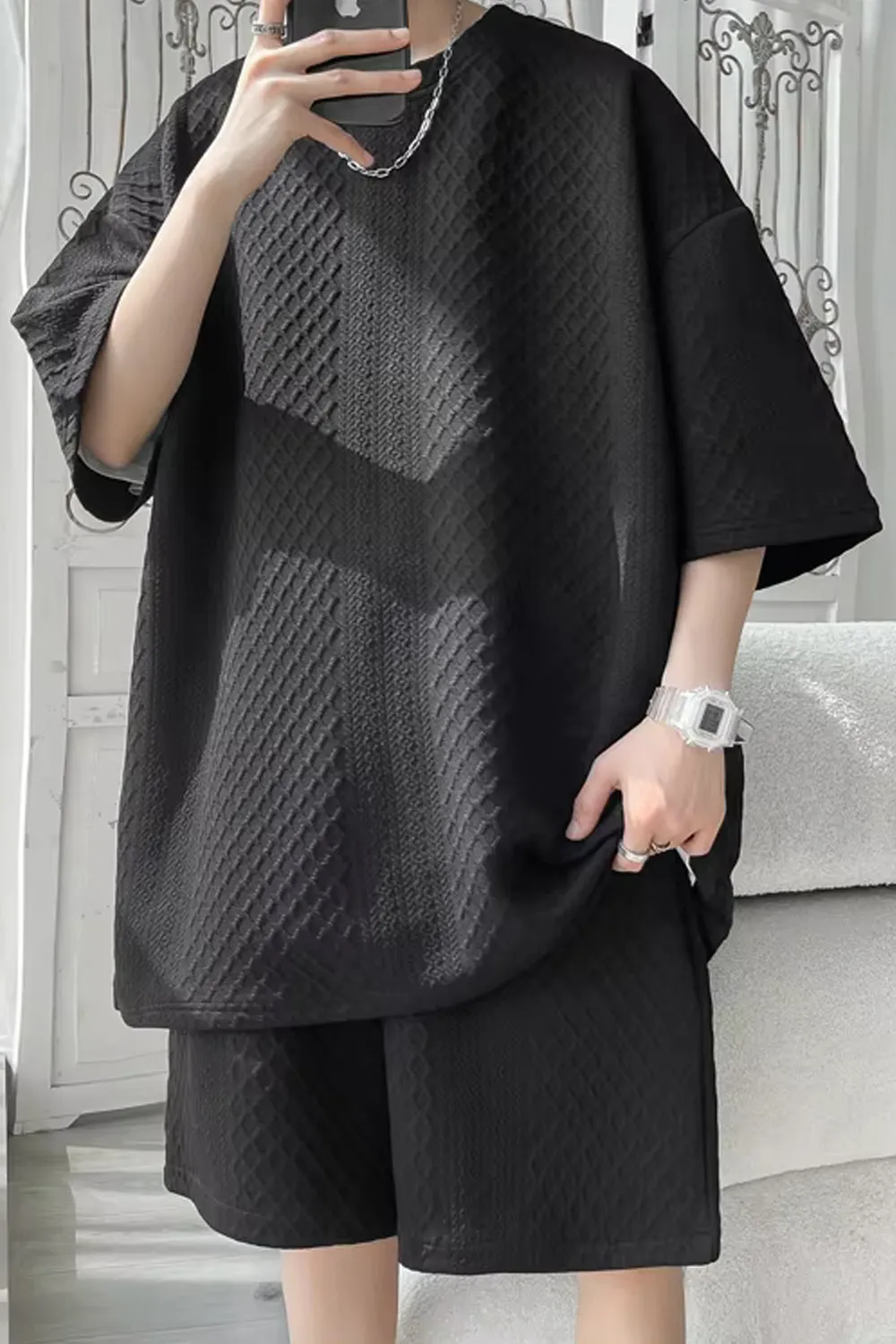 2 Piece Set Casual Loose Men Shirts With Shorts