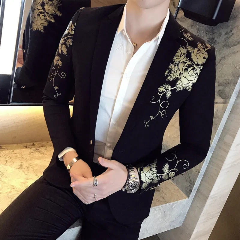 2022 New Luxury Gold Print Blazer Slim Fit Men