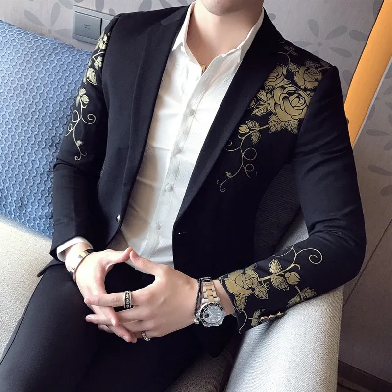 2022 New Luxury Gold Print Blazer Slim Fit Men