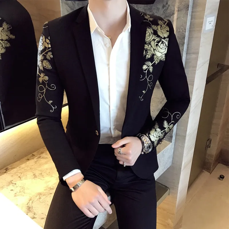 2022 New Luxury Gold Print Blazer Slim Fit Men