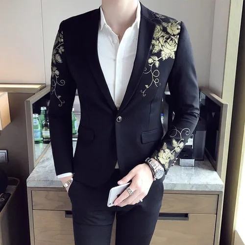 2022 New Luxury Gold Print Blazer Slim Fit Men