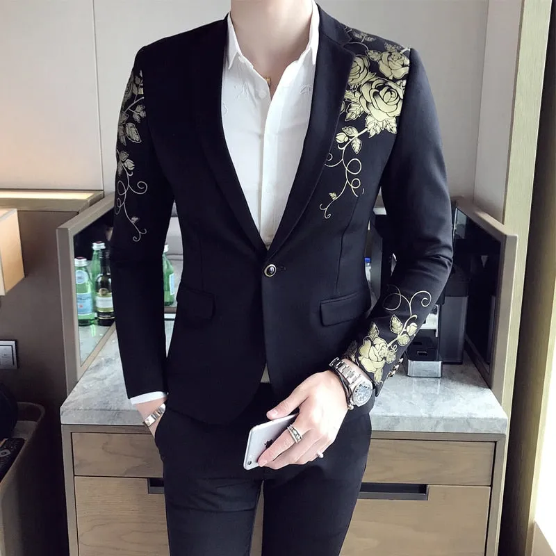 2022 New Luxury Gold Print Blazer Slim Fit Men