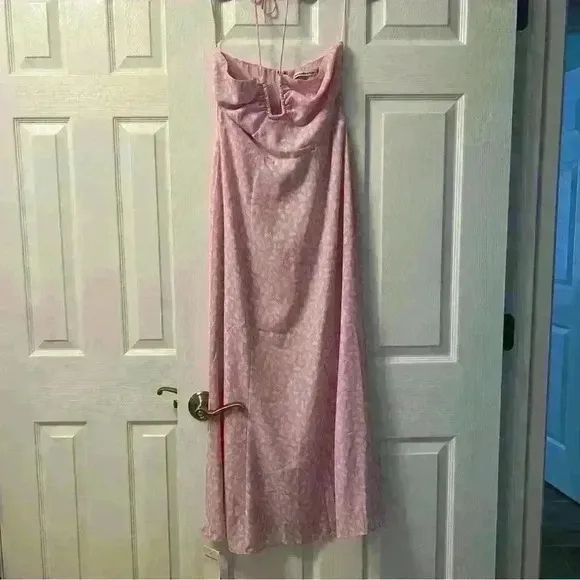 ABERCROMBIE FITCH PINK FLORAL CINCHED BUST U-SHAPE FLOWY HALTER NECK MAXI DRESS