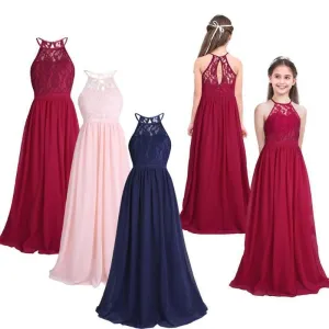 Adorable Halter Pleated Girls Party Lace Long Dresses