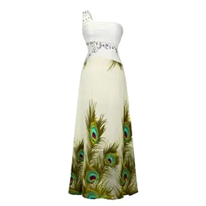 ANGEL-FASHIONS Cream One Shoulder Floral Jewel Chiffon Peacock Prom Dress NWOT