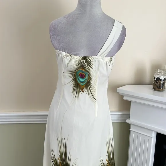 ANGEL-FASHIONS Cream One Shoulder Floral Jewel Chiffon Peacock Prom Dress NWOT