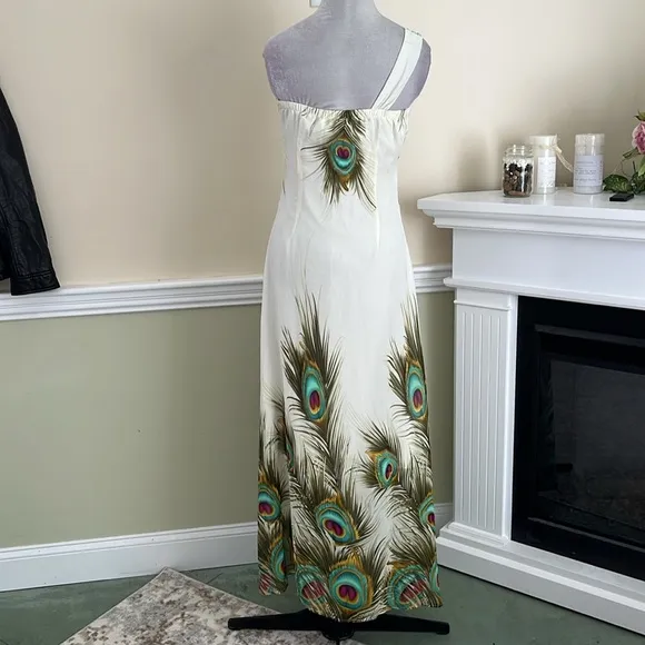 ANGEL-FASHIONS Cream One Shoulder Floral Jewel Chiffon Peacock Prom Dress NWOT