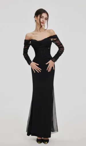 Ariel black Mesh Off-Shoulder Mermaid maxi Dress