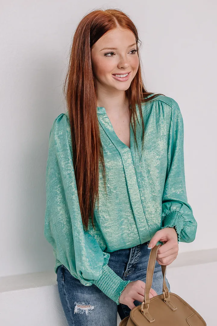 Ariel's Closet Metallic Balloon Sleeve Top | Jade