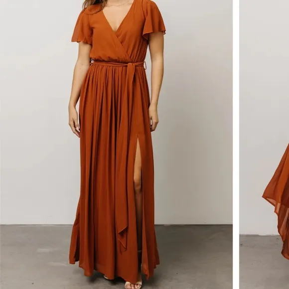Baltic Born Nutmeg Kristina Chiffon Surplice Neck Front Slit Maxi Dress NWT XS