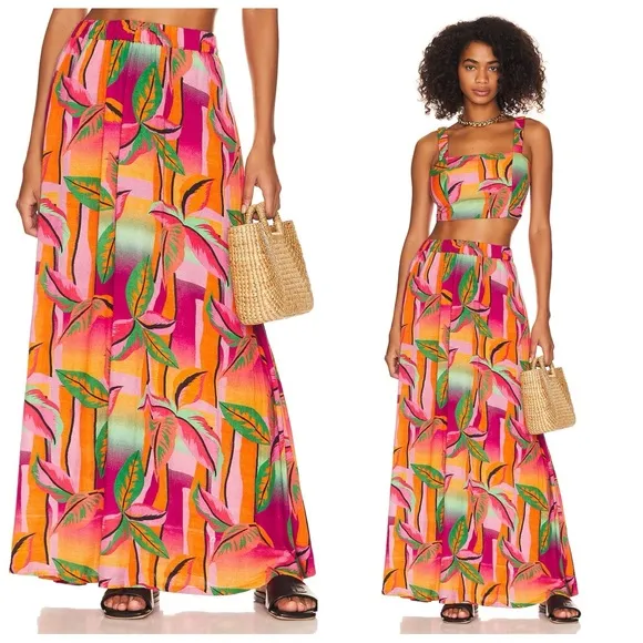 Beach Riot Larissa Linen Blend Tropical High Rise Pull On Maxi Skirt Palm Beach