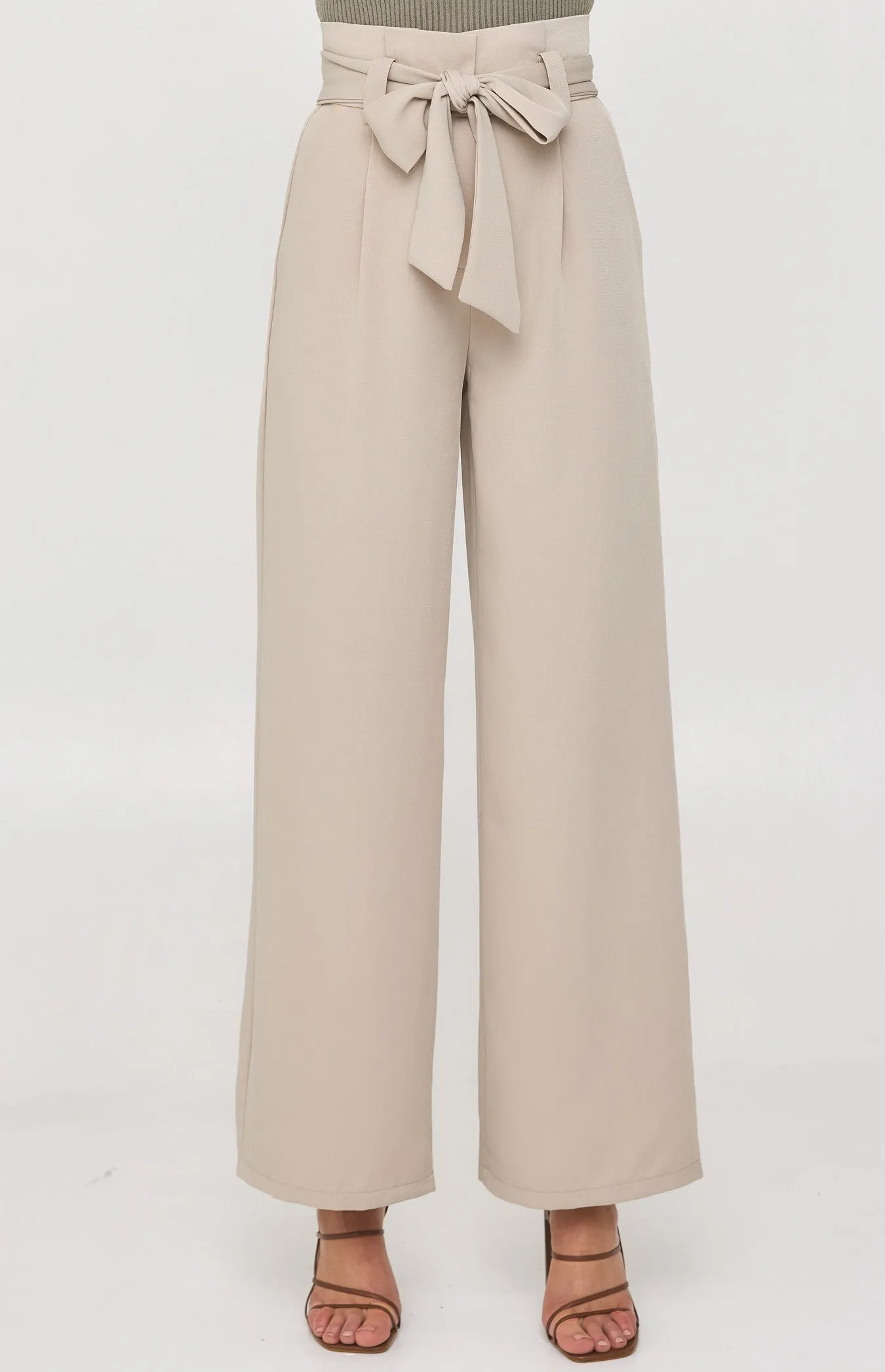 Beige Paper Bag Waist Wide Leg Pants