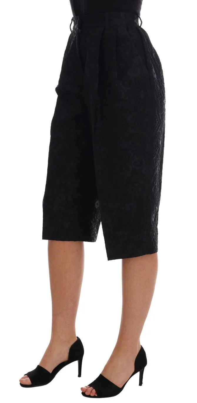 Black Brocade High Waist Capri Shorts
