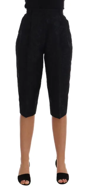 Black Brocade High Waist Capri Shorts