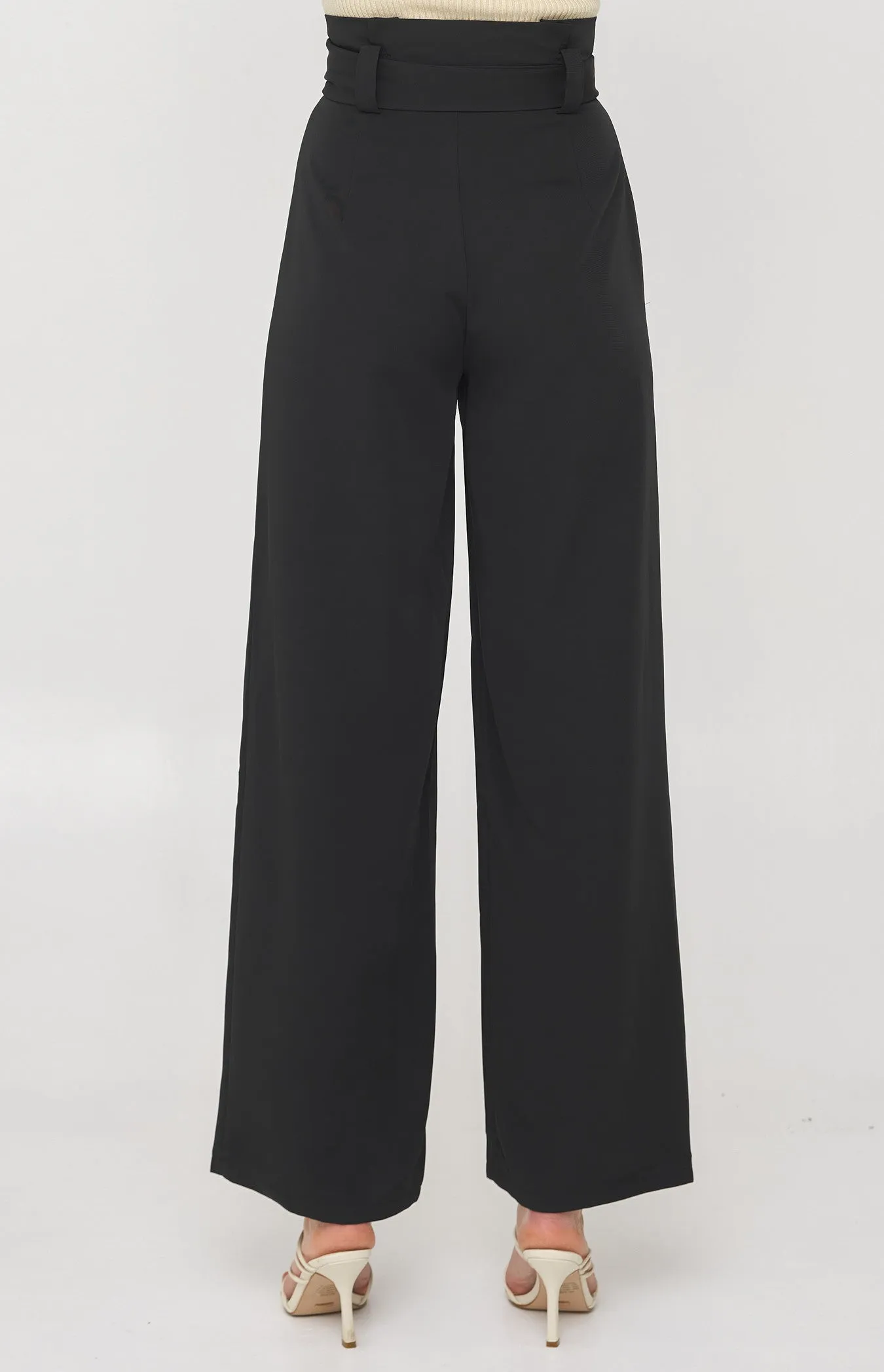 Black Paper Bag Waist Wide Leg Pants