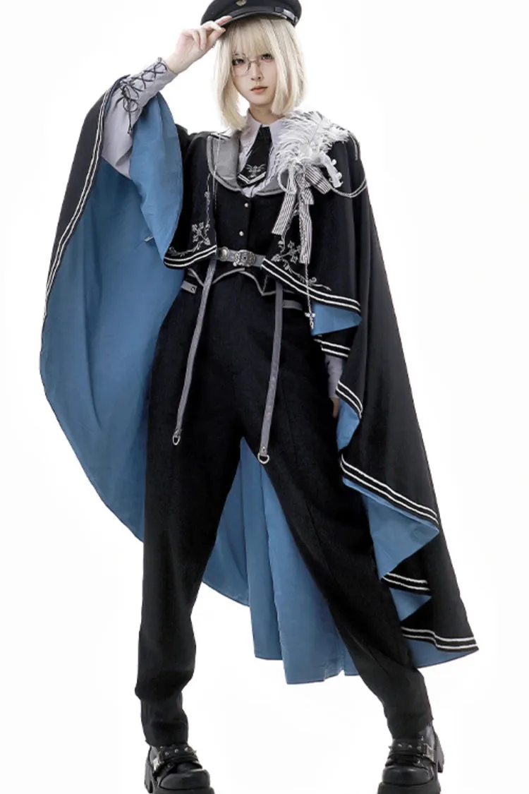 Black/Blue [Dark Night Contract] Long Sleeves Prince Handsome Ouji Lolita Blouse Pants Vest Set