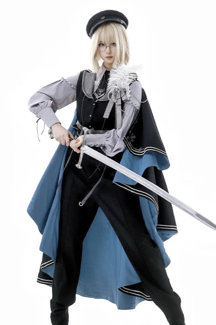 Black/Blue [Dark Night Contract] Long Sleeves Prince Handsome Ouji Lolita Blouse Pants Vest Set
