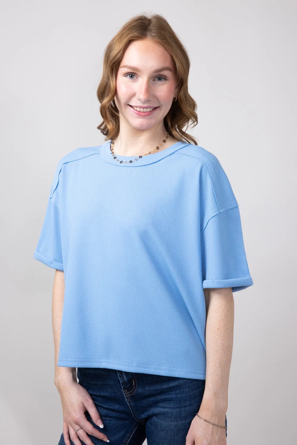 Blu Pepper Crewneck Ribbed Knit Shirt for Women in Light Blue | B4ST1053-LIGHTBLUE