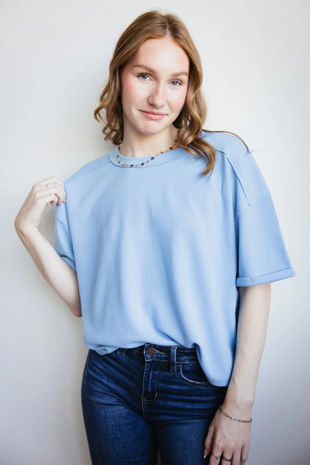 Blu Pepper Crewneck Ribbed Knit Shirt for Women in Light Blue | B4ST1053-LIGHTBLUE