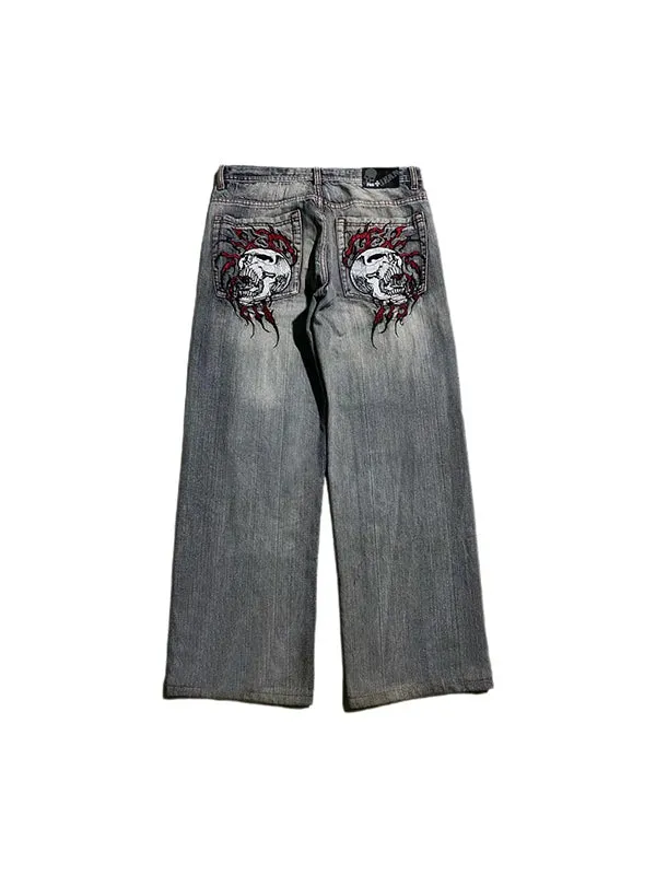 Blue 2000s boyfriend baggy jeans with skull embroidery
