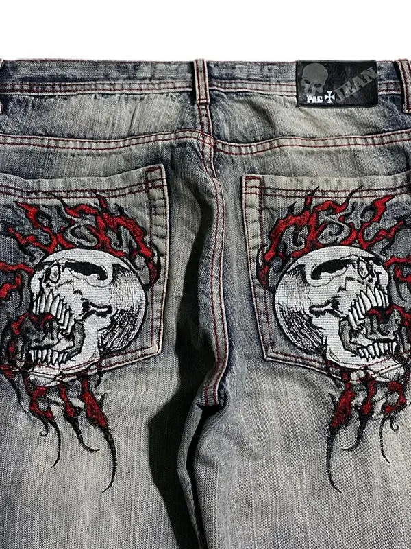 Blue 2000s boyfriend baggy jeans with skull embroidery