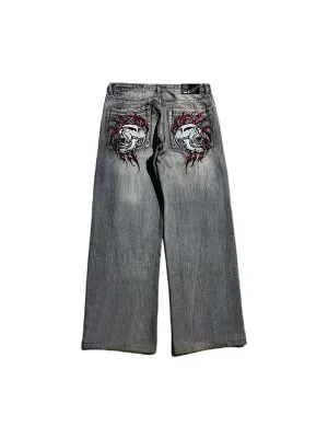 Blue 2000s boyfriend baggy jeans with skull embroidery