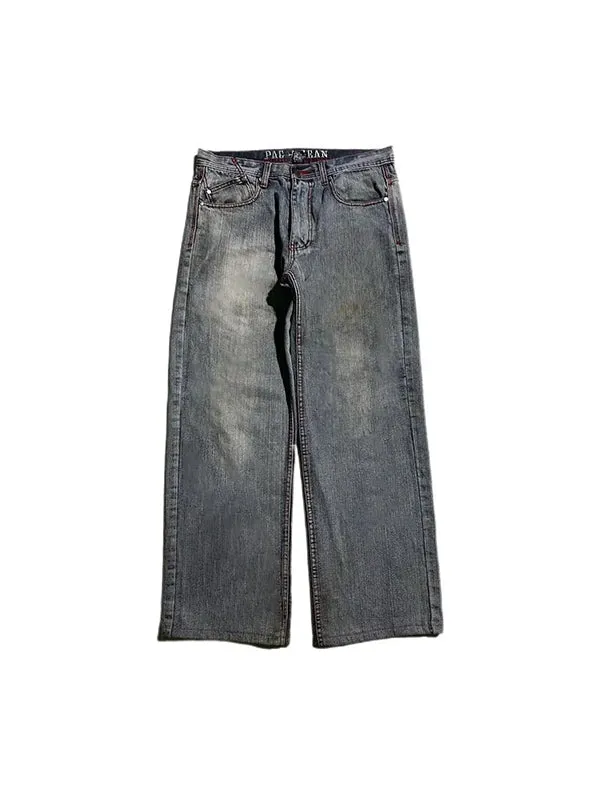 Blue 2000s boyfriend baggy jeans with skull embroidery