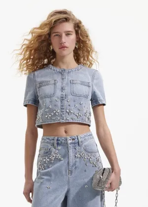 Blue Embellished Denim Top (Light Blue)