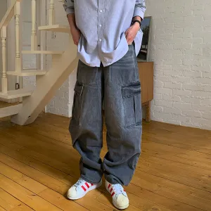 Blue Wide-Leg Cargo Jeans