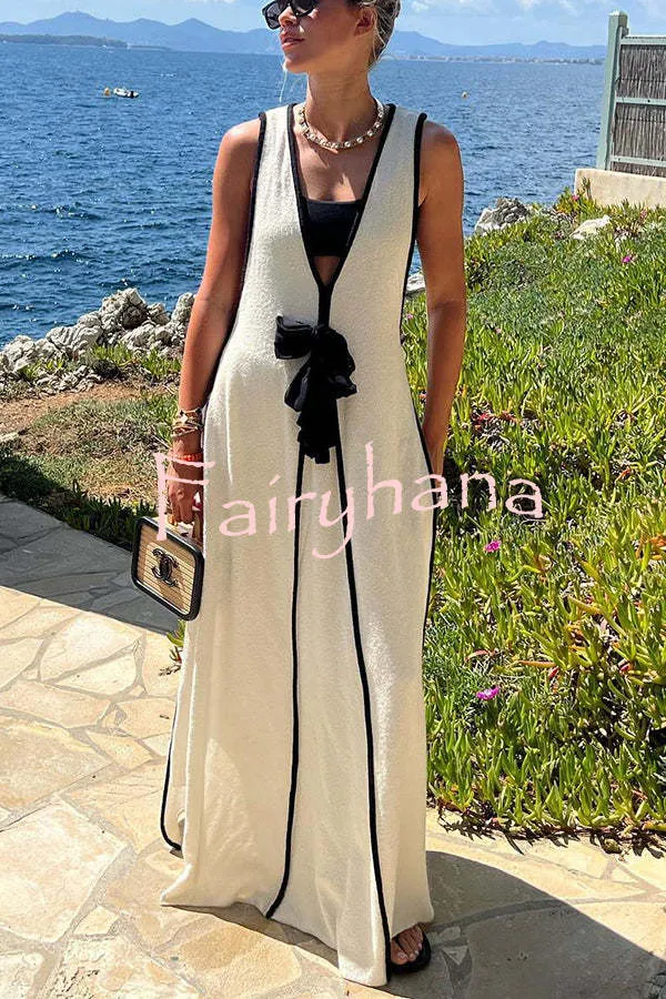 Boat Date Knit Contrast Self Tie Flowy Oversized Maxi Dress