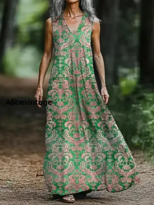 Boho Floral Art Print V-neck Sleeveless Loose Midi Dress