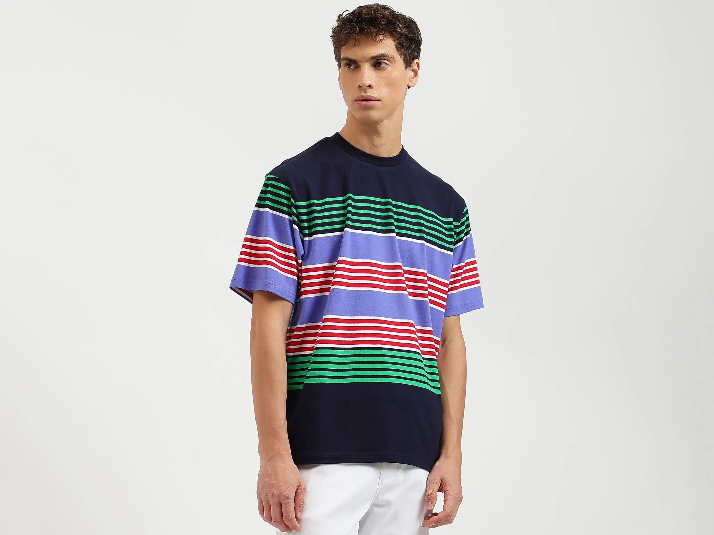 Boxy Fit Round Neck Striped Tshirt