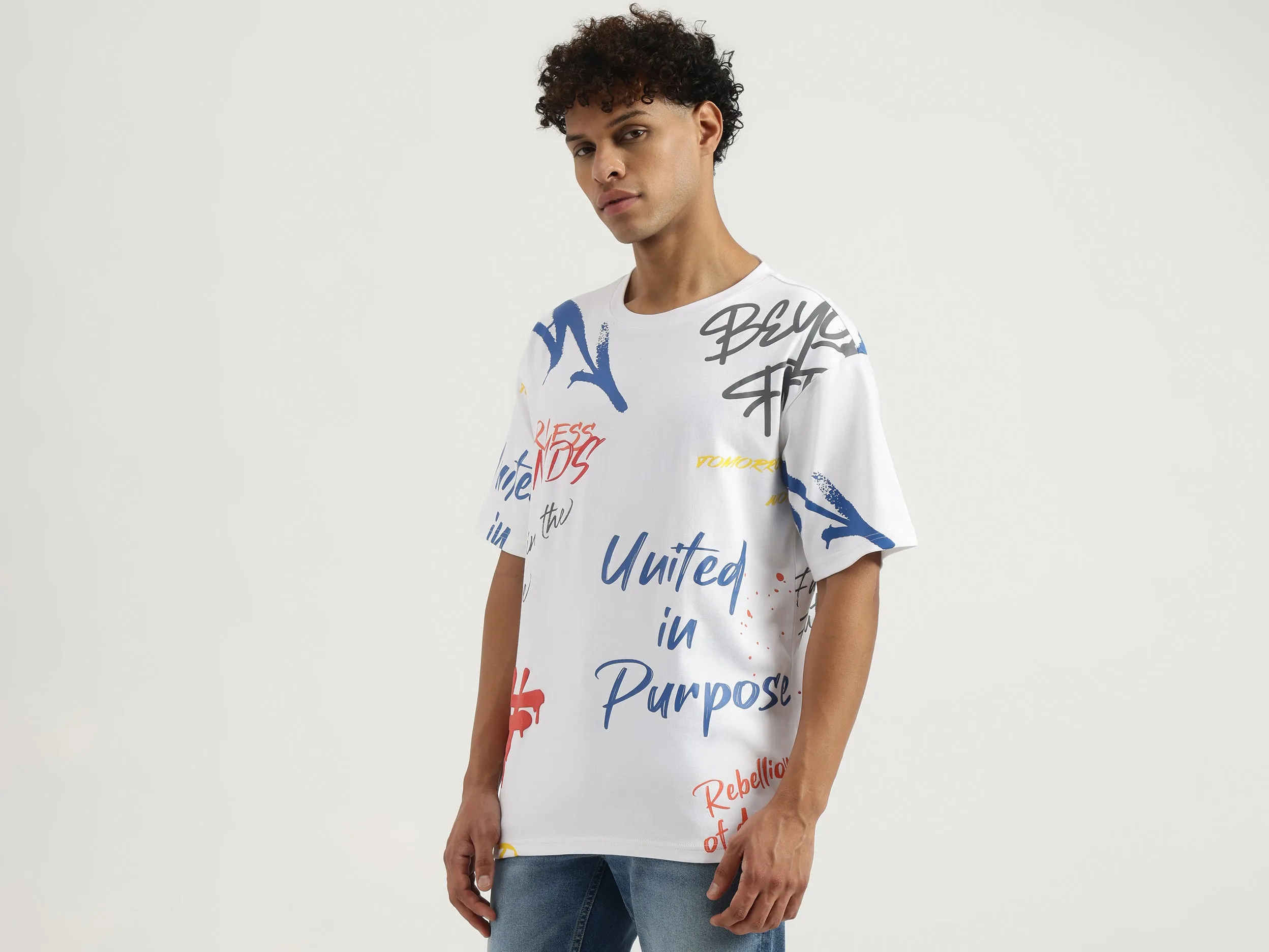 Boxy Round Neck Typography T-Shirt