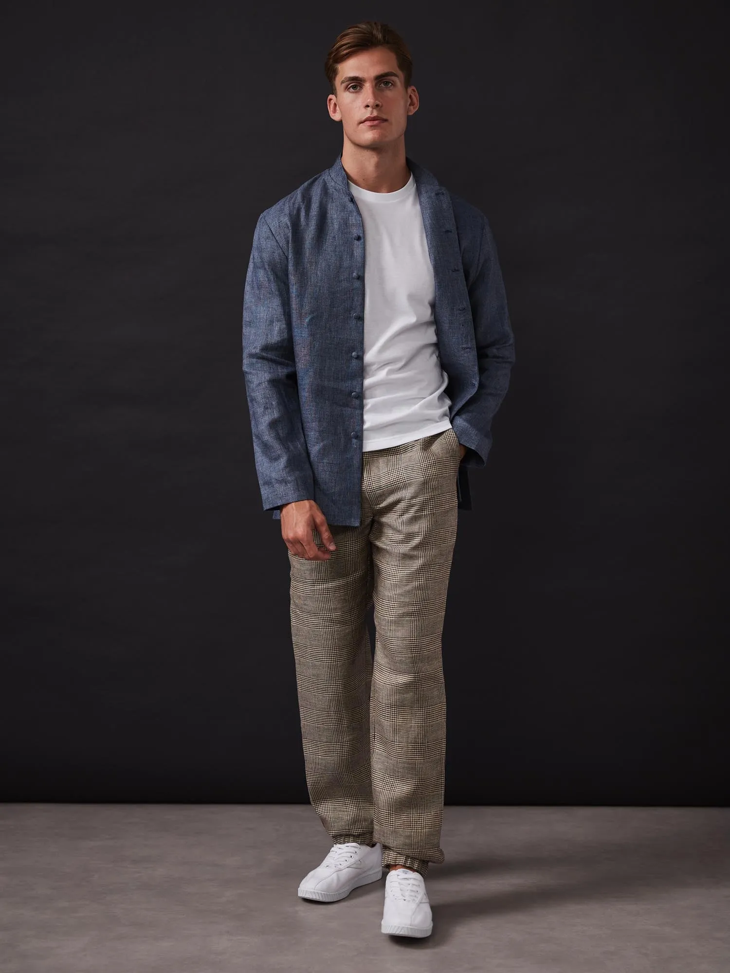 Brown Check Elastic Waist Linen Trousers