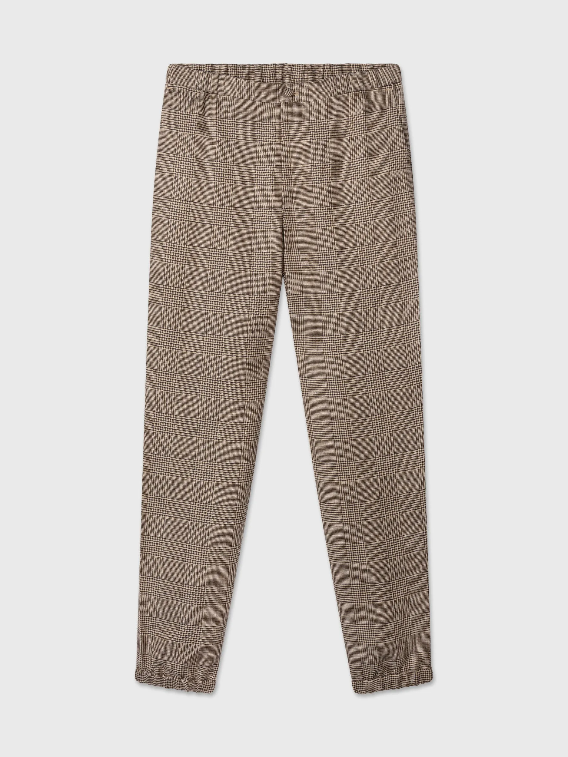Brown Check Elastic Waist Linen Trousers