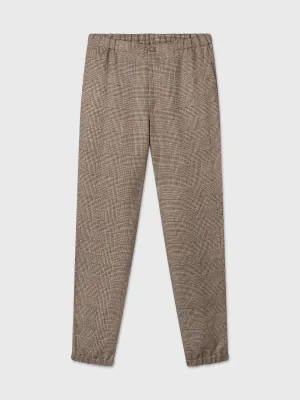 Brown Check Elastic Waist Linen Trousers