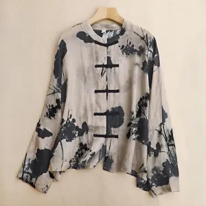 Buddha Stones Casual Loose Ink Print Frog Button Long Sleeves Cotton Linen Women's Shirt