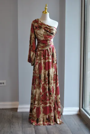 BURGUNDY MULTI FLOWY ASYMMETRIC LONG DRESS