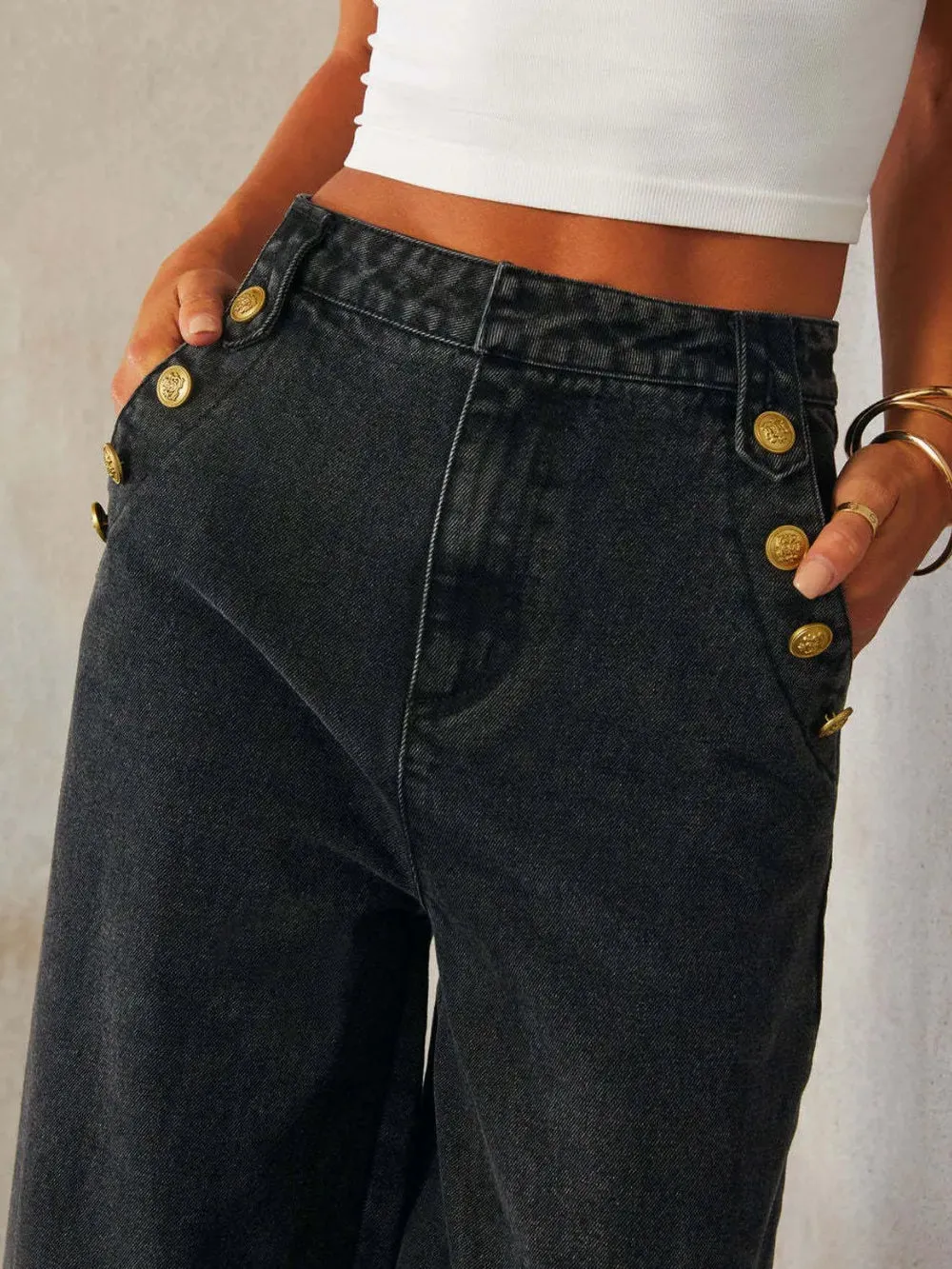 Button Decor High Rise Wide Leg Jeans