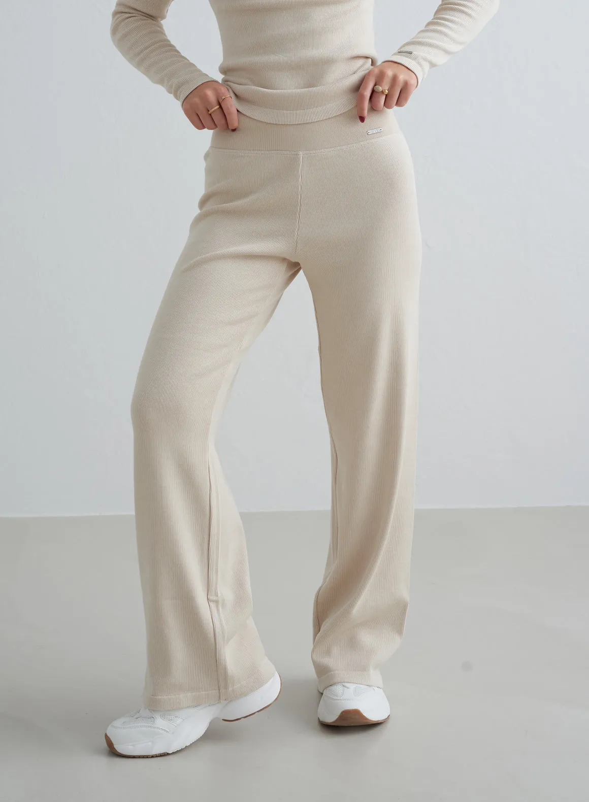 Café Au Lait Ribbed Wool  Wide Pants