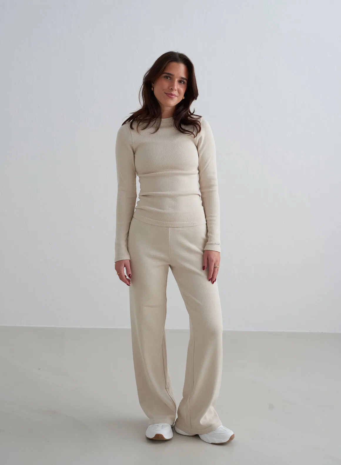 Café Au Lait Ribbed Wool  Wide Pants