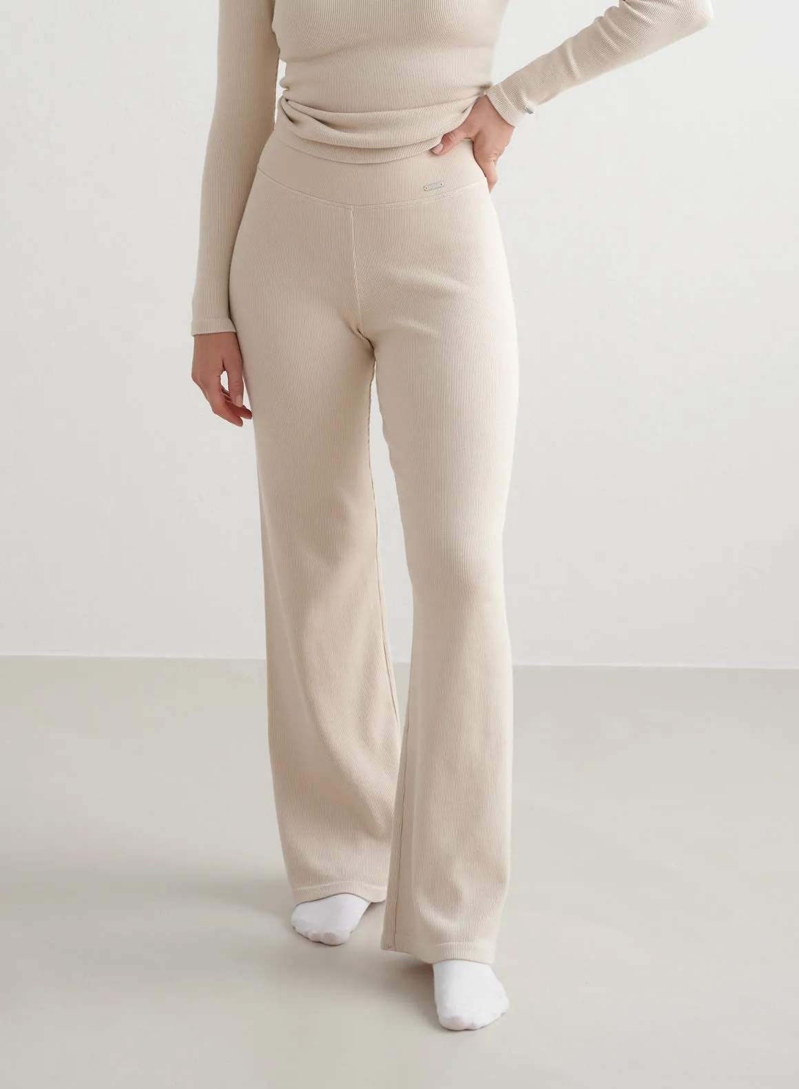 Café Au Lait Ribbed Wool  Wide Pants