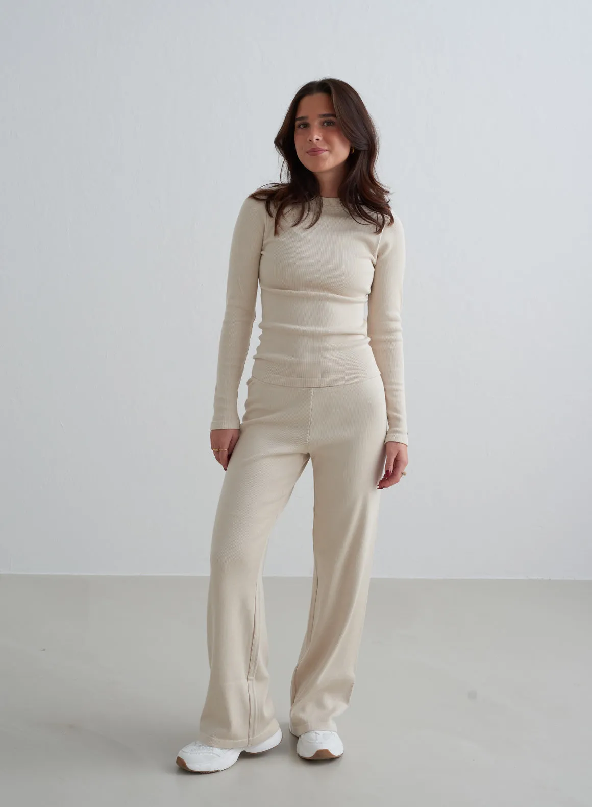 Café Au Lait Ribbed Wool  Wide Pants