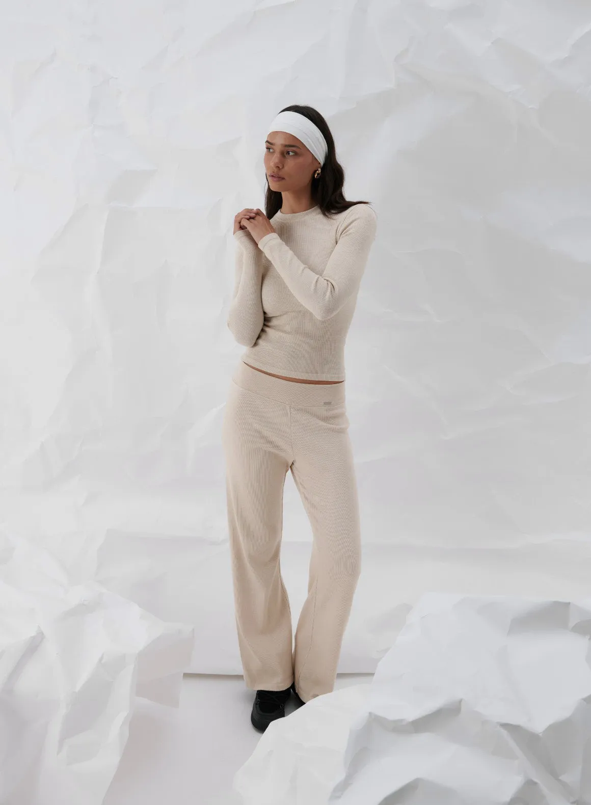 Café Au Lait Ribbed Wool  Wide Pants