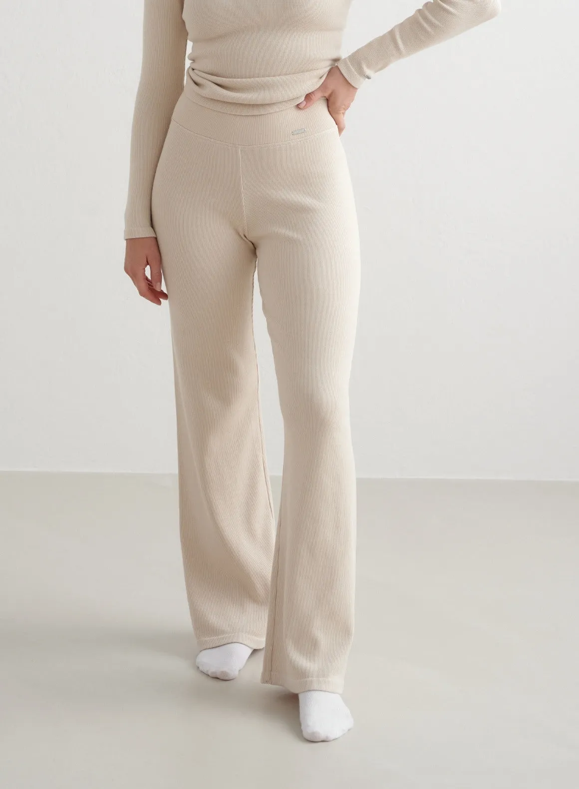 Café Au Lait Ribbed Wool  Wide Pants