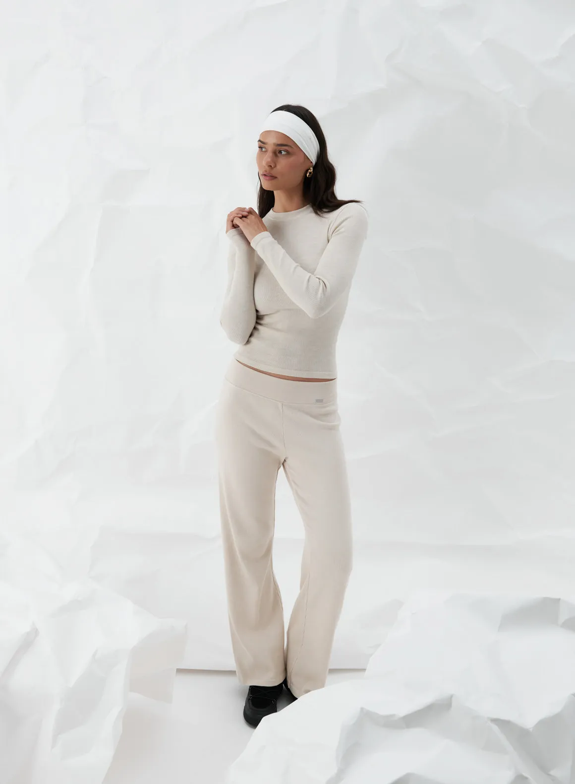 Café Au Lait Ribbed Wool  Wide Pants