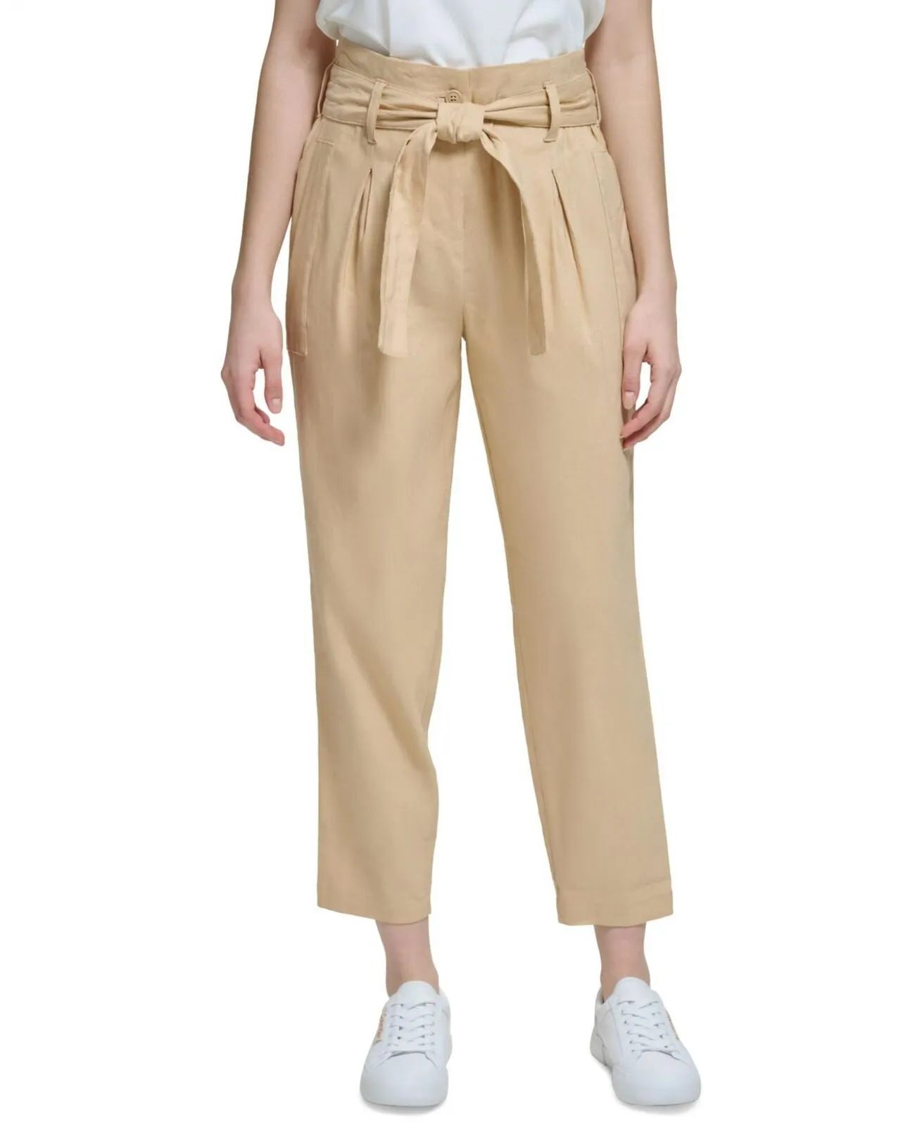 Calvin Klein Women's High-Rise Tie-Waist Pants M3DK5283 Semolina Brown 10